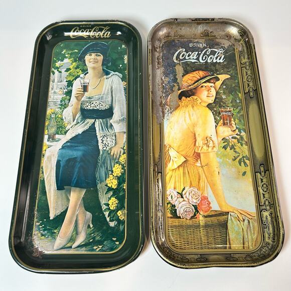 VTG Coca Cola Trays 1916 & 1970 Drink Coke Metal Tin Serving Trays Set of Two - Picture 1 of 2